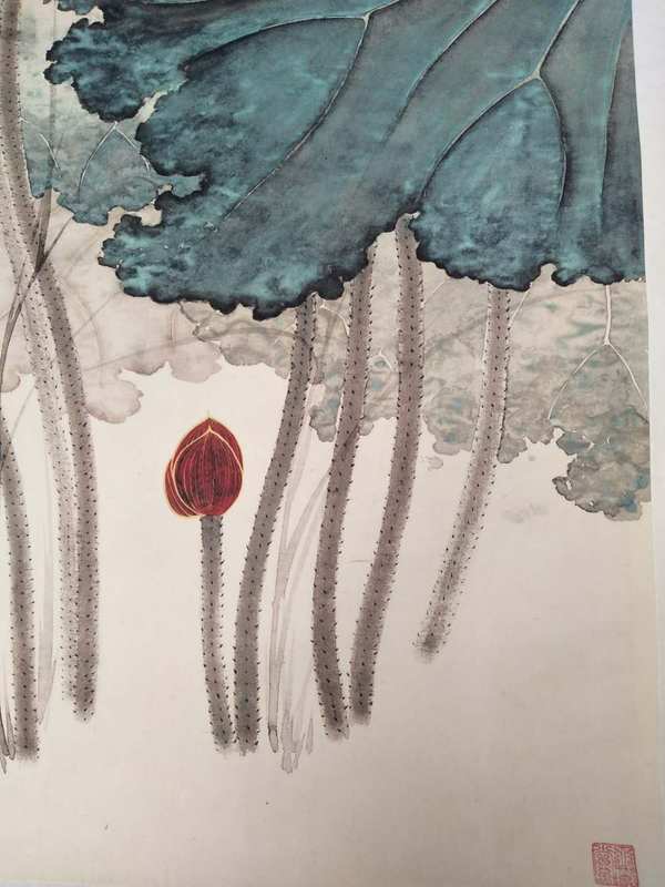 张大千金线荷花宣纸卷轴挂画中堂画宽约06米