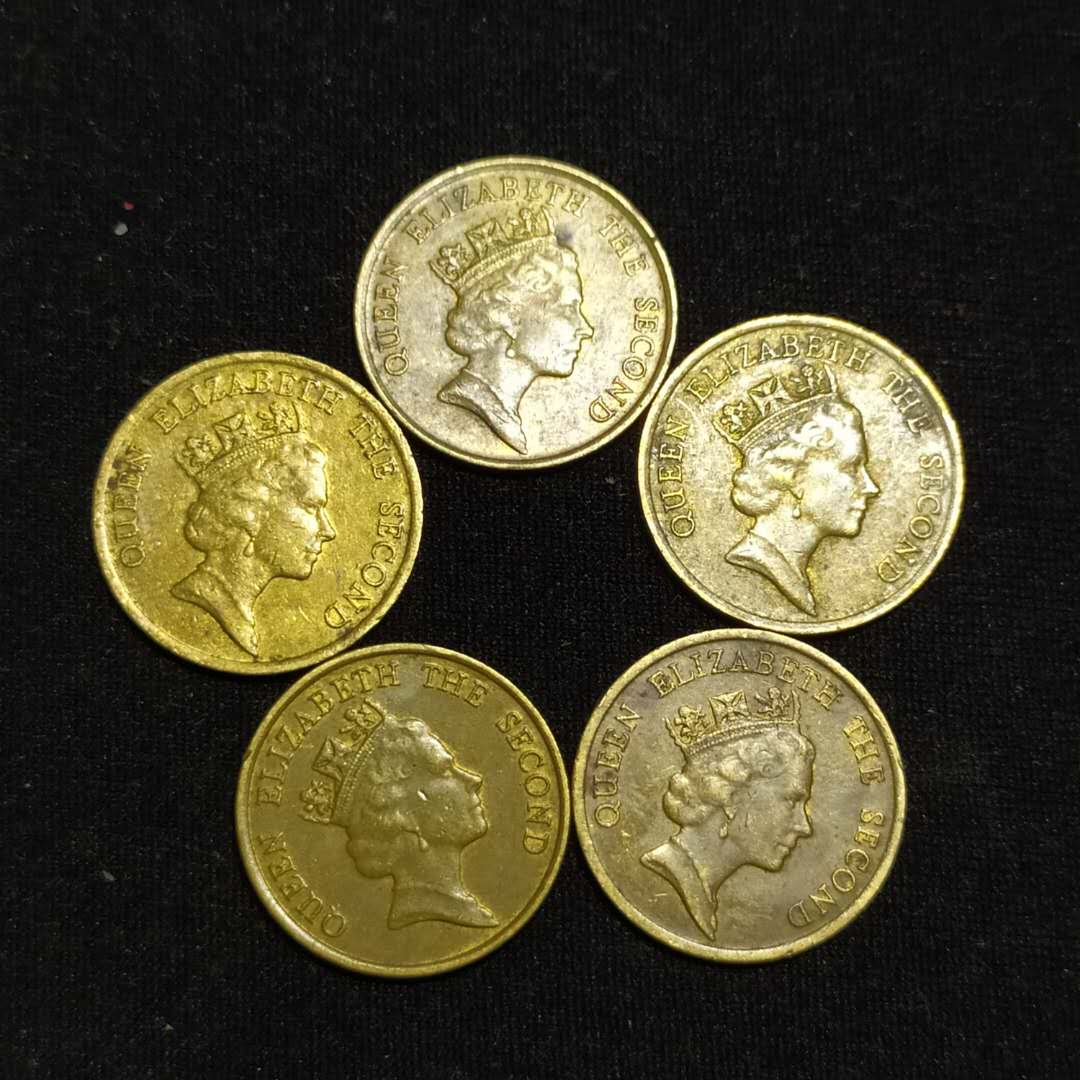 稀少早期八九十年代香港老版高冠女王头像1毫硬币一组