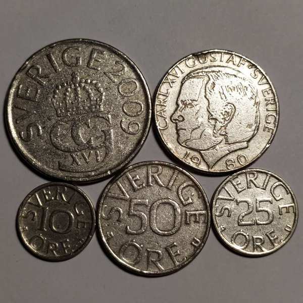 0元起拍,瑞典硬币一大套五枚,含稀少高值五克朗库存