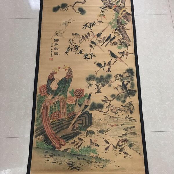 民国馆藏,林良款作品百鸟朝凤老旧宣纸卷轴字画一
