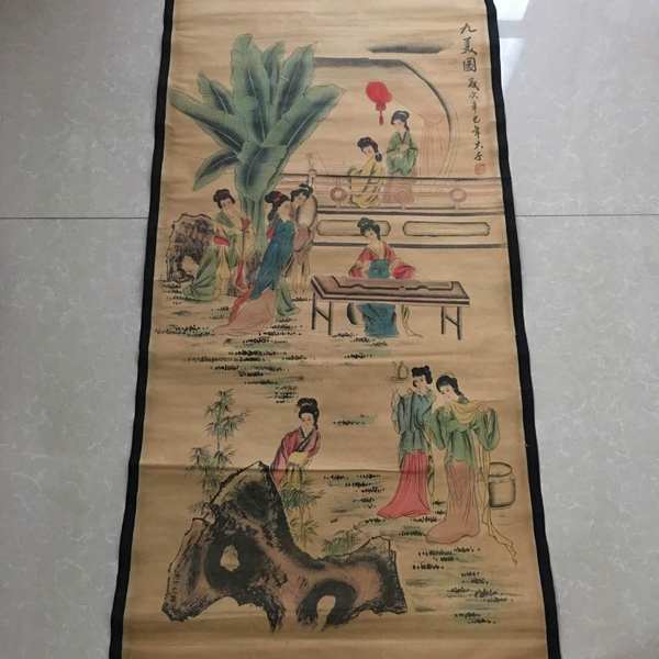 民国馆藏,张大千款作品九美图老旧宣纸卷轴字画一