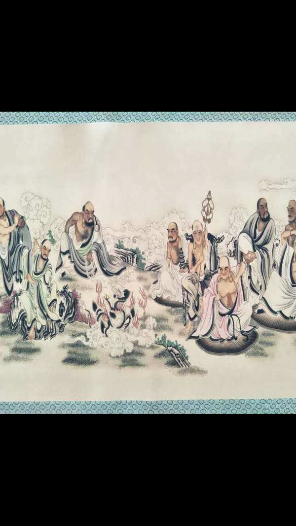 旧藏十八罗汉长卷画一幅,尺寸约34070厘米,人