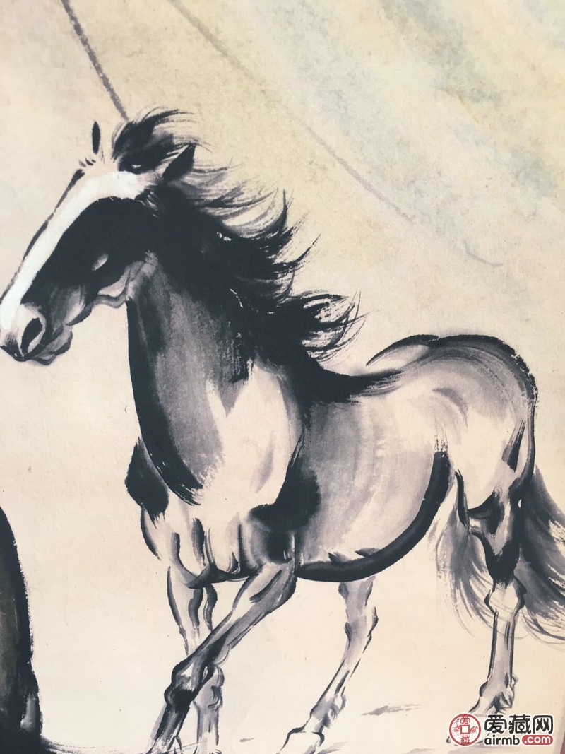 徐悲鸿《三马图》老卷轴中堂挂画