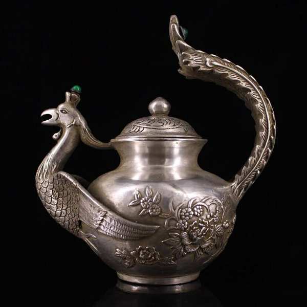 收老纯铜纯手工打造镶嵌宝石鎏银凤壶品相完好造型