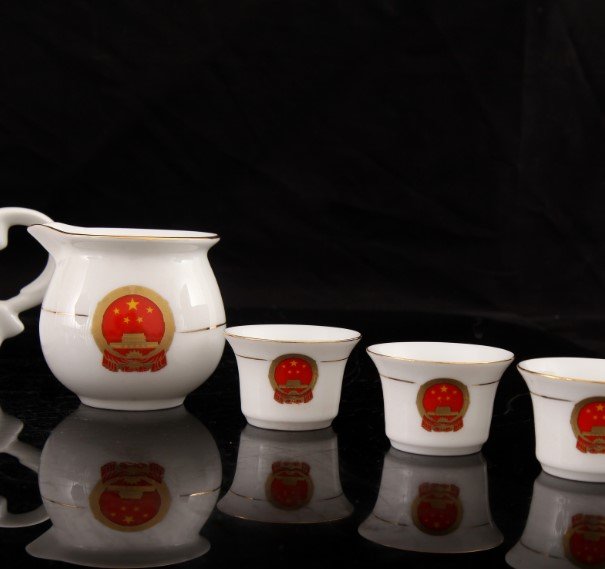 景德镇厂货瓷器7501红色官窑国徽八头描金功夫茶具