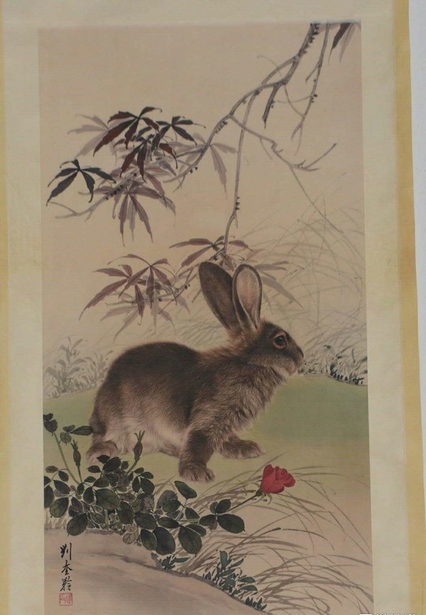 放漏了刘奎龄兔子卷轴挂画中堂画一宽约06